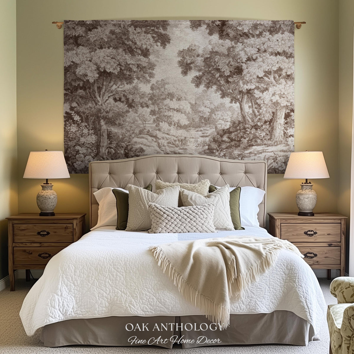 Elegant Rustic Woven Throw Tapestry Woodland River Tranquil Scene Sepia Landscape | Muted Tones Neutral Natural Art Soft Nature Wall Hanging