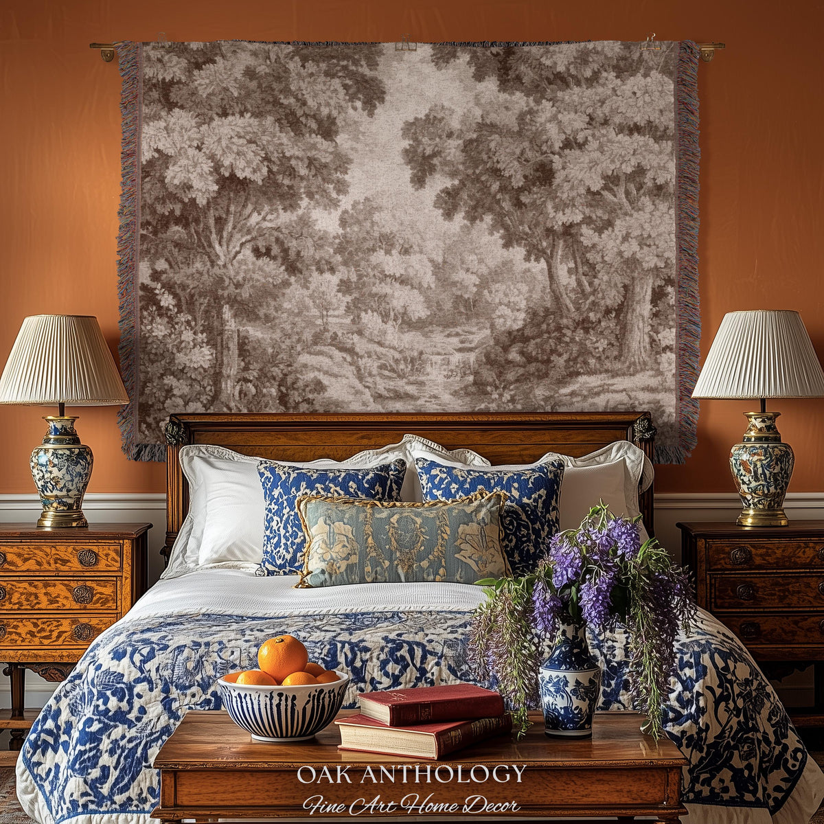 Elegant Rustic Woven Throw Tapestry Woodland River Tranquil Scene Sepia Landscape | Muted Tones Neutral Natural Art Soft Nature Wall Hanging