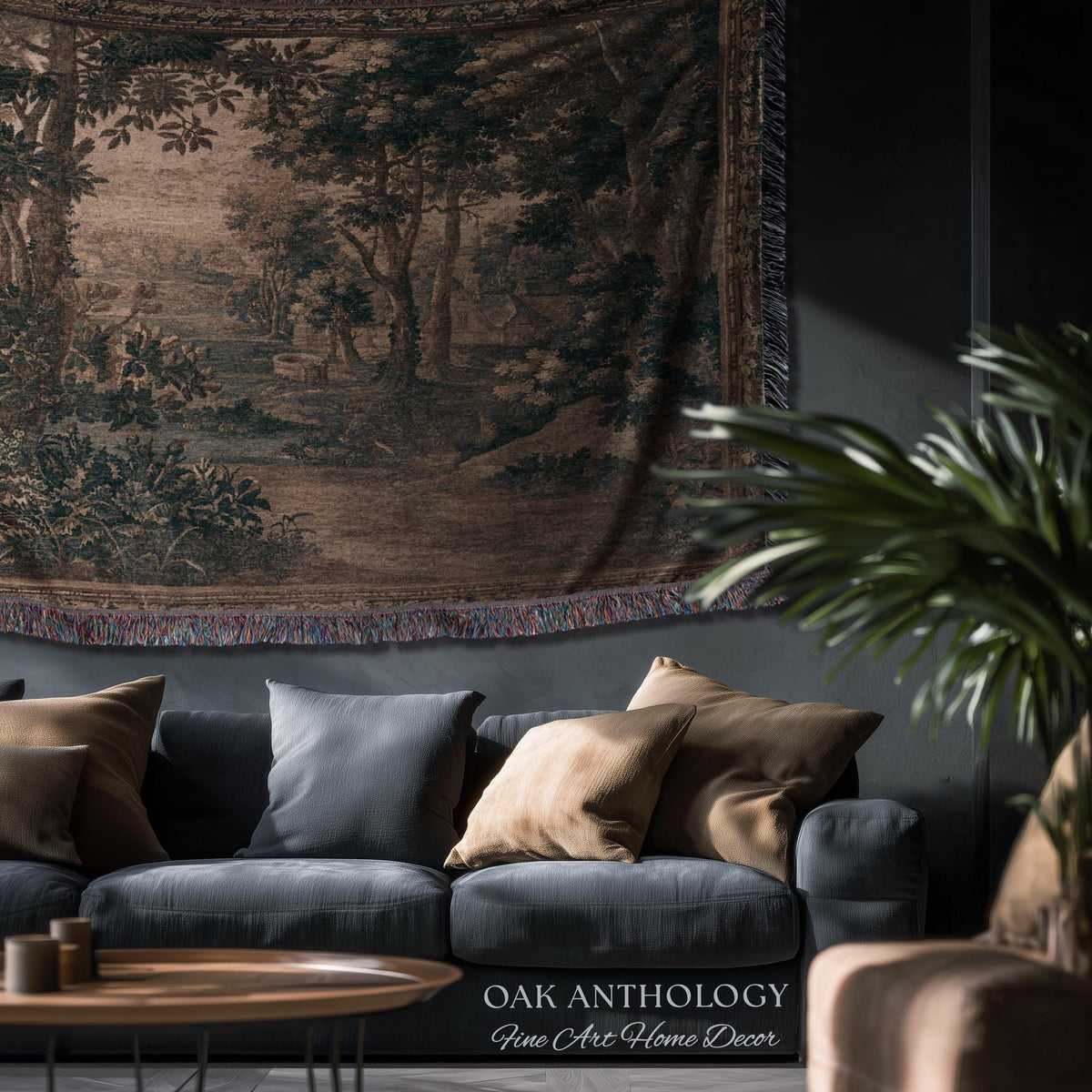 Sepia Forest Grove Landscape Tapestry Classic European Pastoral Scene | Rustic Heritage Baroque Verdure Woven Woodland Old World Wall Art