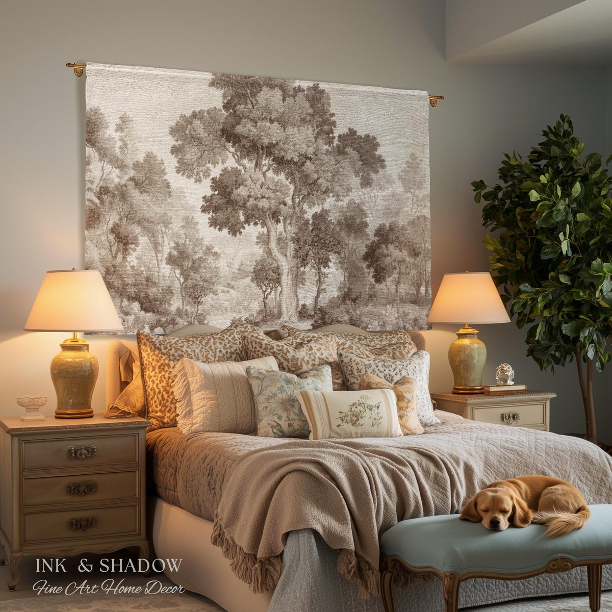 Old World Misty Woodland Tree Tapestry Heritage Nature Muted Wall Art | Neutral Foggy Forest Rustic Throw Vintage Woven Sepia Home Decor