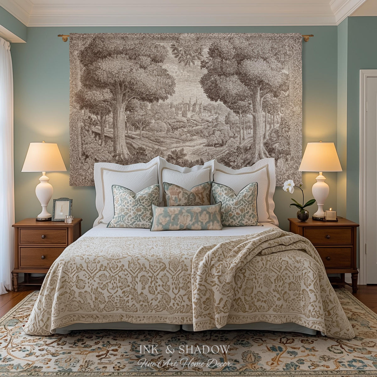 Castle Scenery Old World Tapestry Sepia Landscape Art | French Chateau Decor Woven Throw Blanket Romantic Classical Countryside Wall Hanging