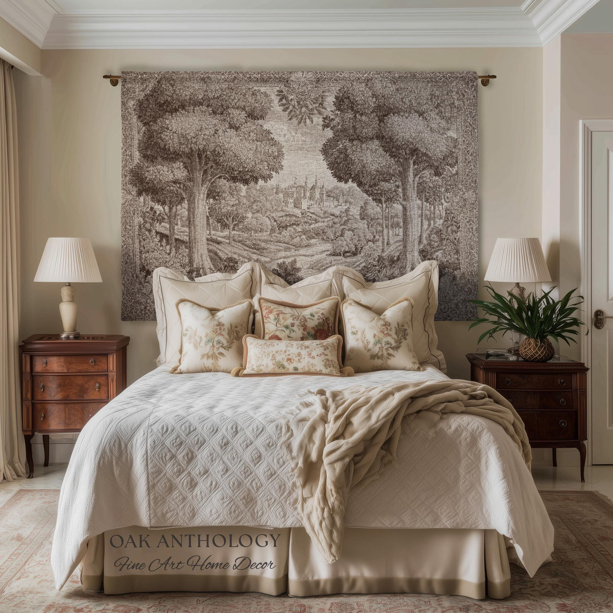 Castle Scenery Old World Tapestry Sepia Landscape Art | French Chateau Decor Woven Throw Blanket Romantic Classical Countryside Wall Hanging