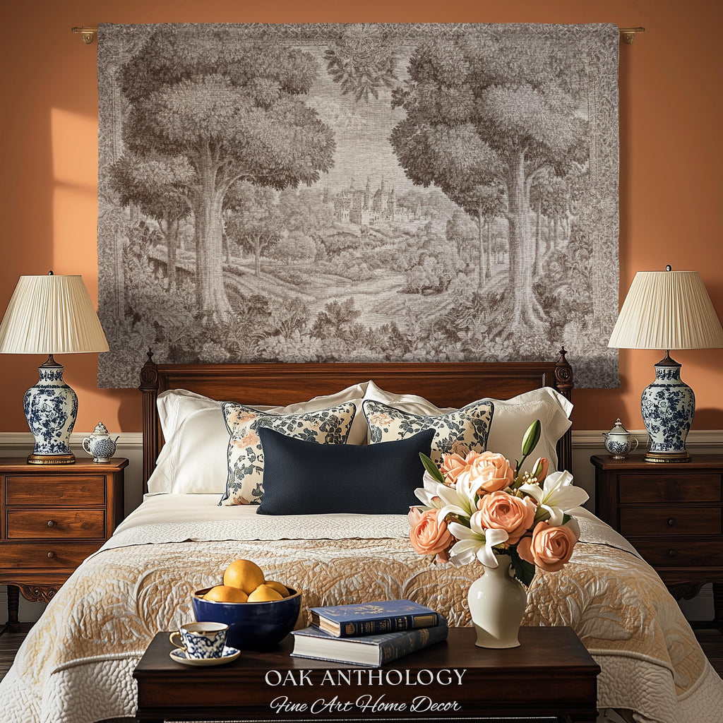 Castle Scenery Old World Tapestry Sepia Landscape Art | French Chateau Decor Woven Throw Blanket Romantic Classical Countryside Wall Hanging