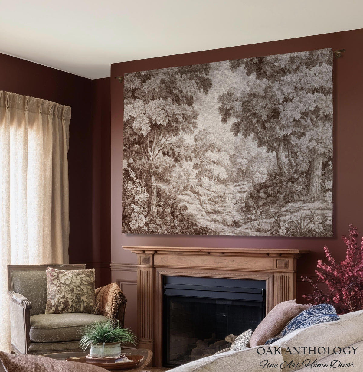 Elegant Rustic Woven Throw Tapestry Woodland River Tranquil Scene Sepia Landscape | Muted Tones Neutral Natural Art Soft Nature Wall Hanging