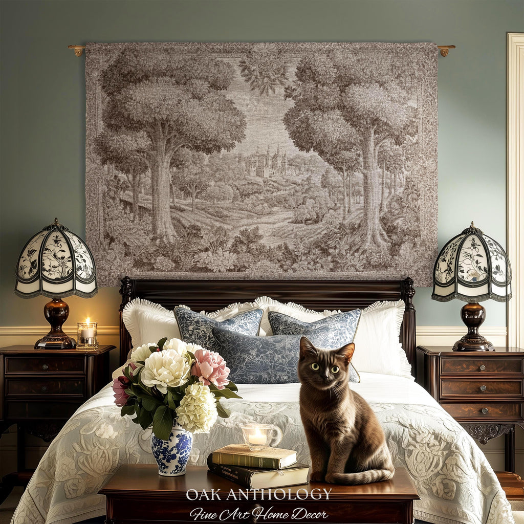 Castle Scenery Old World Tapestry Sepia Landscape Art | French Chateau Decor Woven Throw Blanket Romantic Classical Countryside Wall Hanging