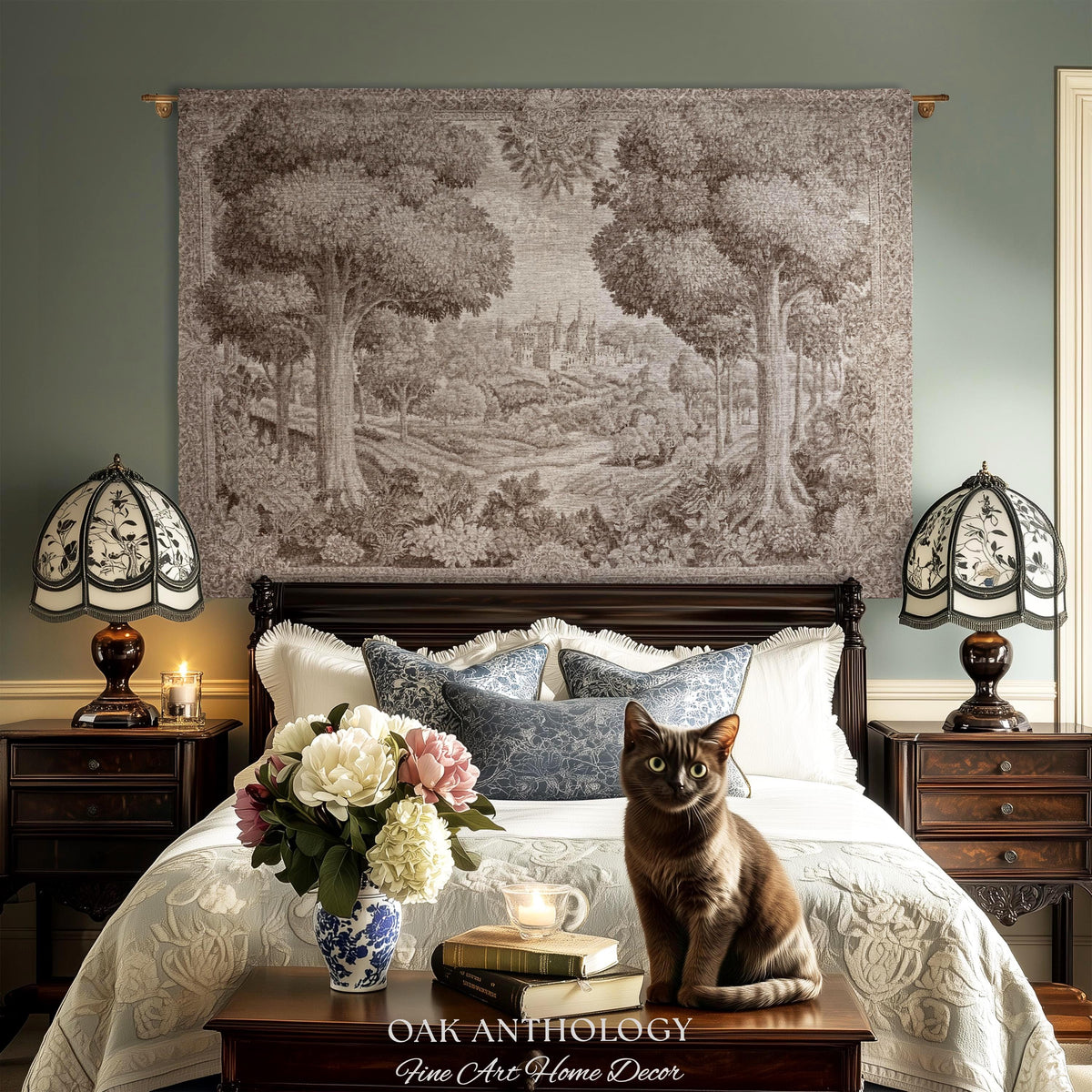 Castle Scenery Old World Tapestry Sepia Landscape Art | French Chateau Decor Woven Throw Blanket Romantic Classical Countryside Wall Hanging