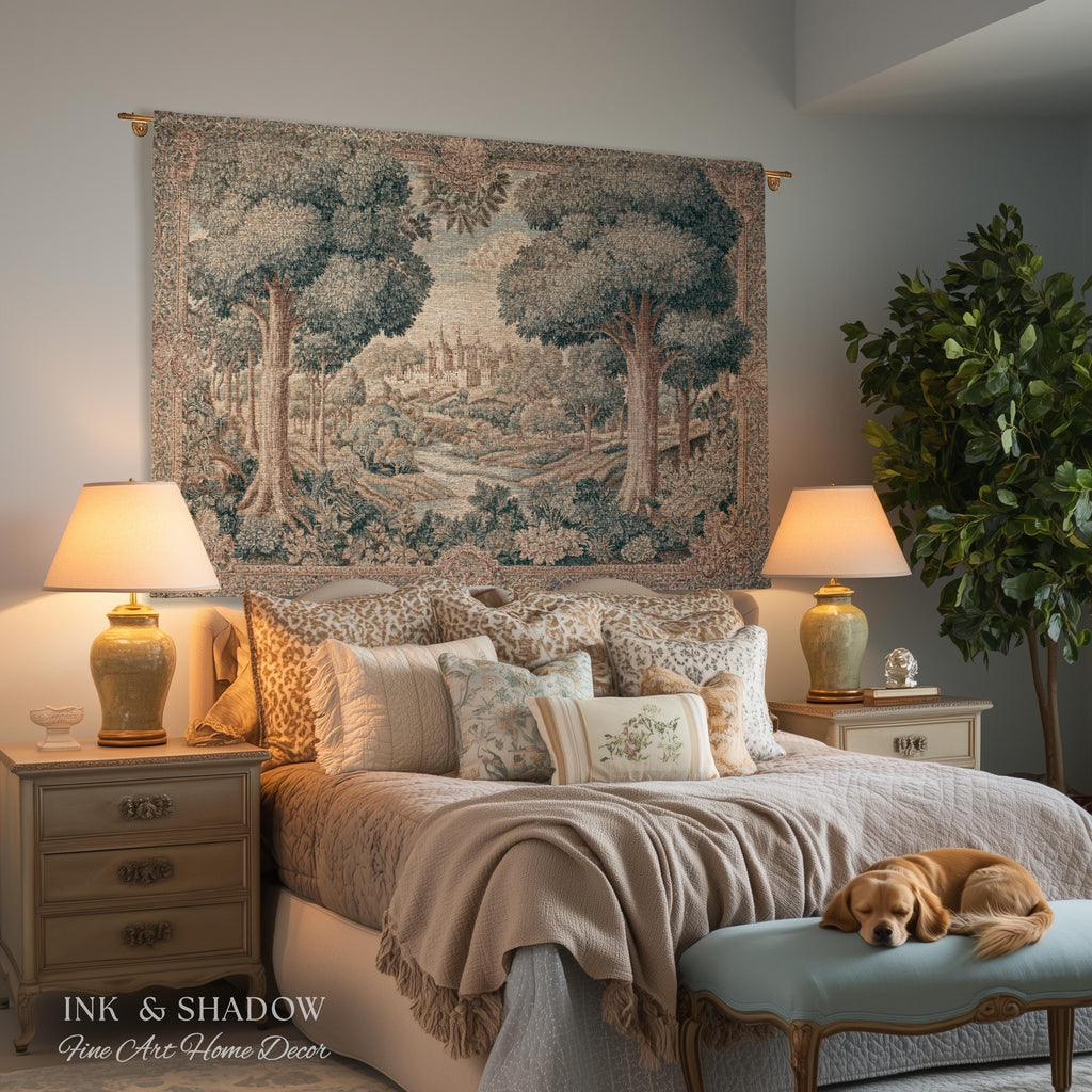 Storybook Castle Countryside Valley View Woven Tapestry Wall Hanging | Classical European River Landscape Heirloom Style Textile Art Decor
