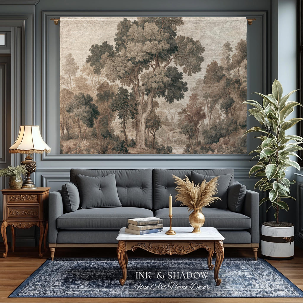 Majestic Tree Misty Forest Tapestry Woven Wall Hanging | Muted Tones Woodland Throw Blanket Rustic Elegance Nature Landscape Art Home Decor