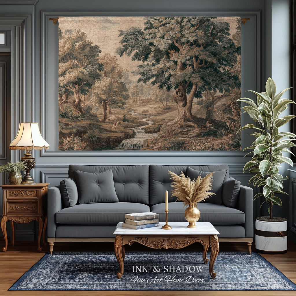 Tranquil River Woodland Landscape Woven Wall Art Decor, Romantic European Forest Stream Scene Traditional Tapestry Textile Jacquard Weaving
