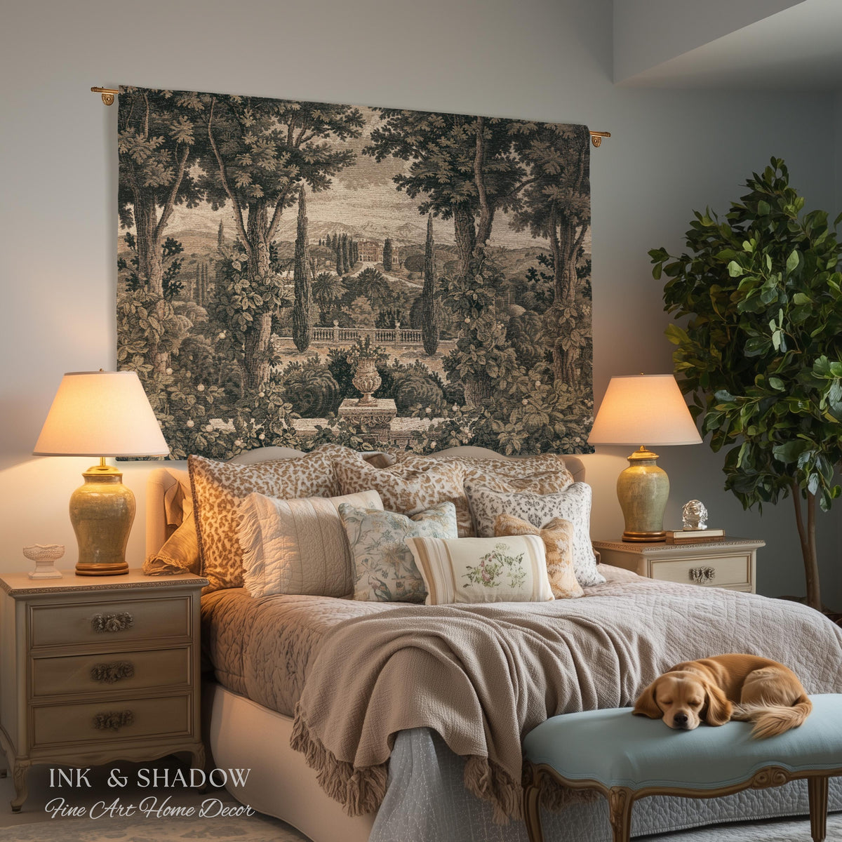 Scenic Tuscan Villa Garden View Woven Tapestry Wall Hanging | Italian Countryside Cypress Trees Landscape Classical Estate Textile Art Decor