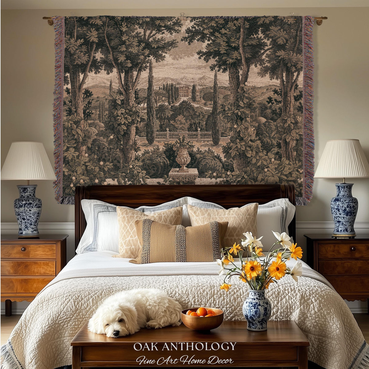Scenic Tuscan Villa Garden View Woven Tapestry Wall Hanging | Italian Countryside Cypress Trees Landscape Classical Estate Textile Art Decor