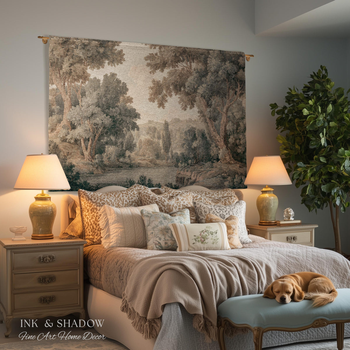 Peaceful Nature Lake Scene Tapestry Classic Woodland Landscape Woven Wall Hanging, Soft Neutral Forest Art Throw Blanket Heritage Home Decor