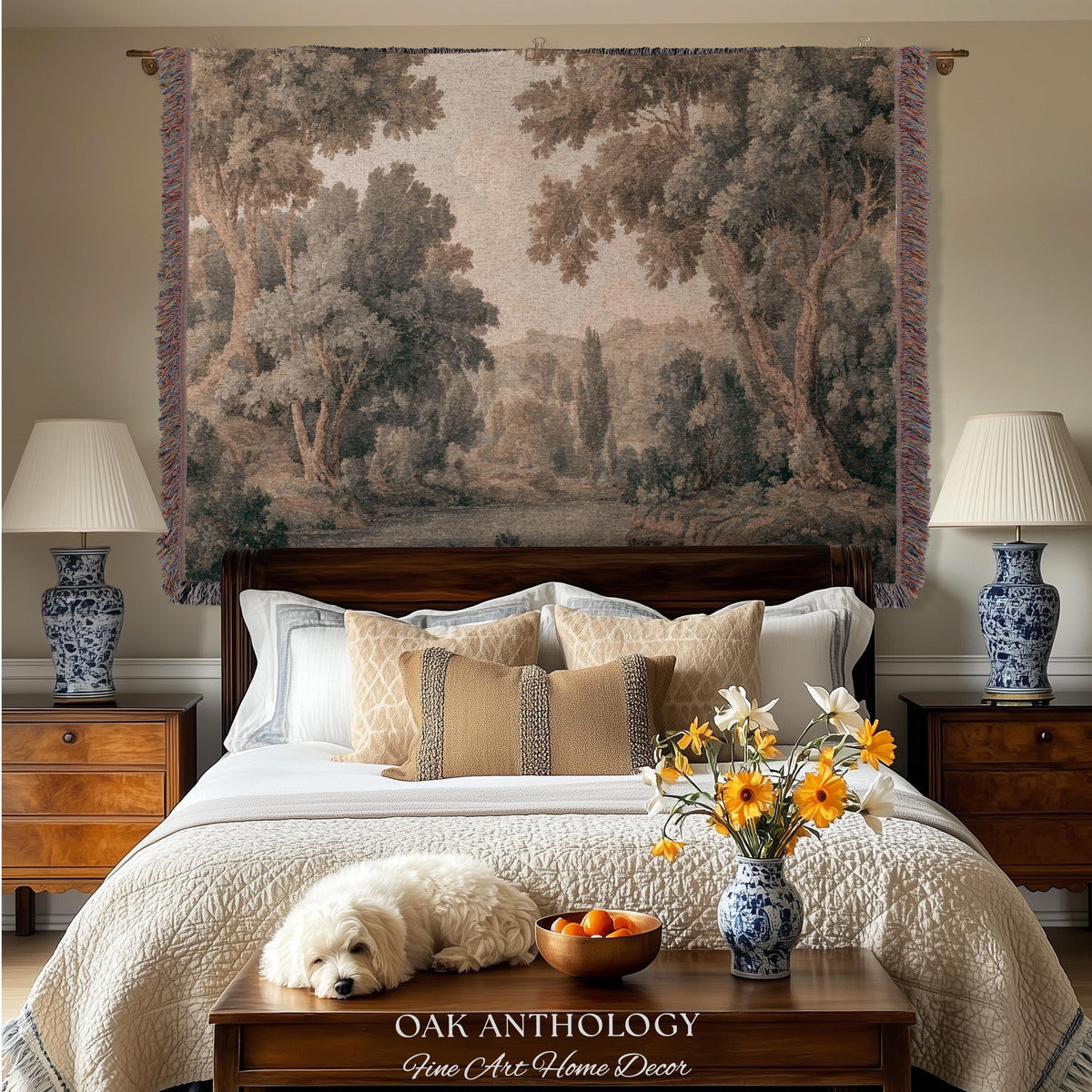 Peaceful Nature Lake Scene Tapestry Classic Woodland Landscape Woven Wall Hanging, Soft Neutral Forest Art Throw Blanket Heritage Home Decor