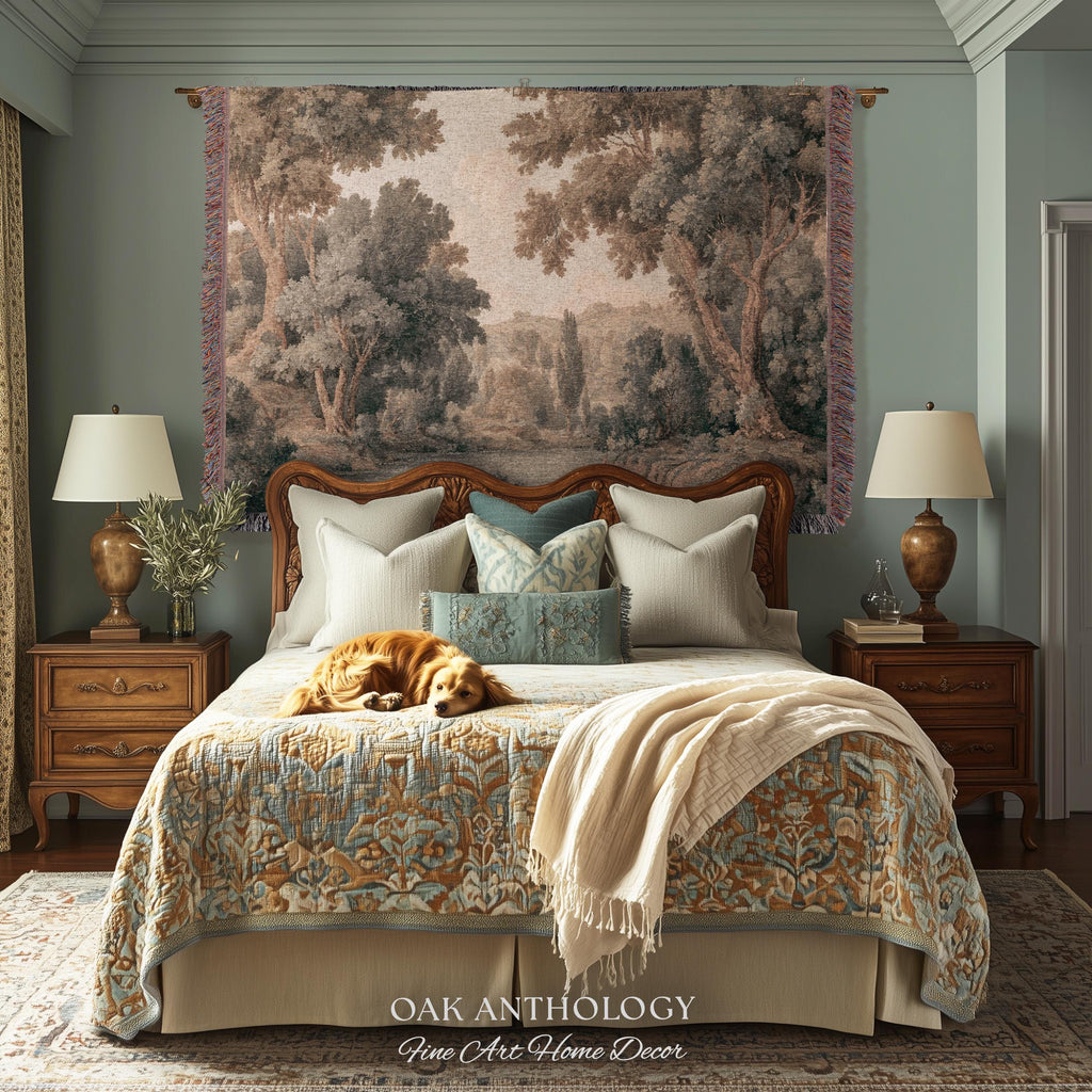 May include: A woven wall tapestry featuring a sepia-toned landscape of trees and hills, hung above a bed with a patterned quilt, multiple pillows, and a golden dog lying on the bedding. The text Oak Anthology Fine Art Home Decor is visible.