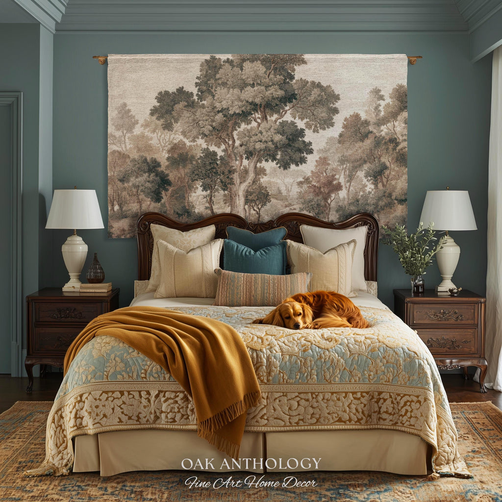 Majestic Tree Misty Forest Tapestry Woven Wall Hanging | Muted Tones Woodland Throw Blanket Rustic Elegance Nature Landscape Art Home Decor