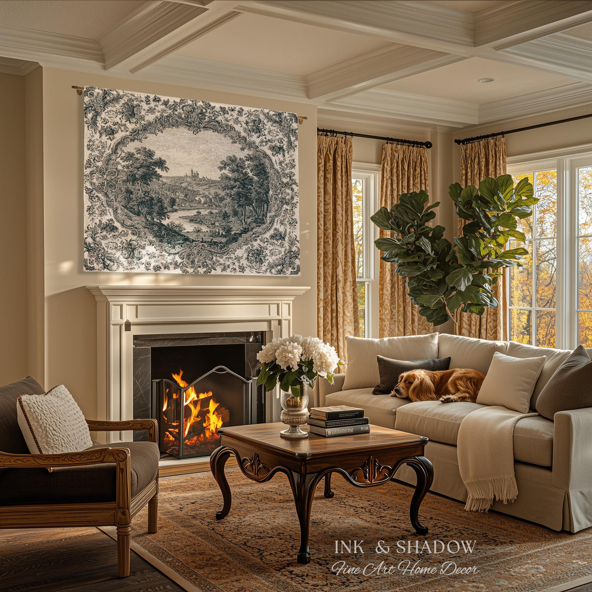 Castle Vignette Toile Style Woven Tapestry | Ornate Rococo Baroque French Countryside Throw Monochrome Landscape Pastoral Scenic Wall Decor
