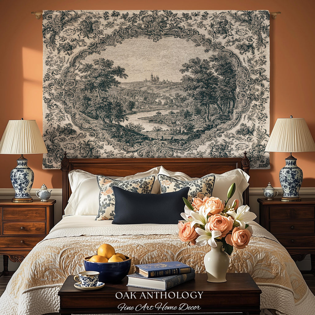 Castle Vignette Toile Style Woven Tapestry | Ornate Rococo Baroque French Countryside Throw Monochrome Landscape Pastoral Scenic Wall Decor