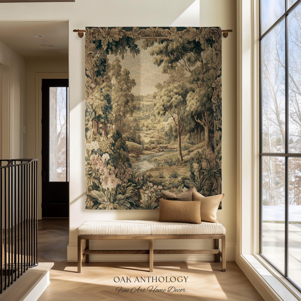 French Floral Woodland River Tapestry Aubusson Style Romantic Rolling Hills Decor | Old World Verdure European Elegant Rustic Charm Wall Art