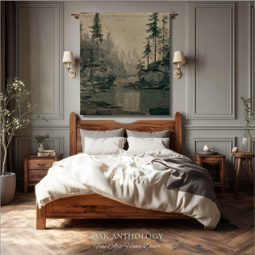 Misty Pine Forest Woven Tapestry Wall Hanging | Foggy River Landscape Antique Woodland Grove of Trees Rustic Throw Neutral Toned Art Decor