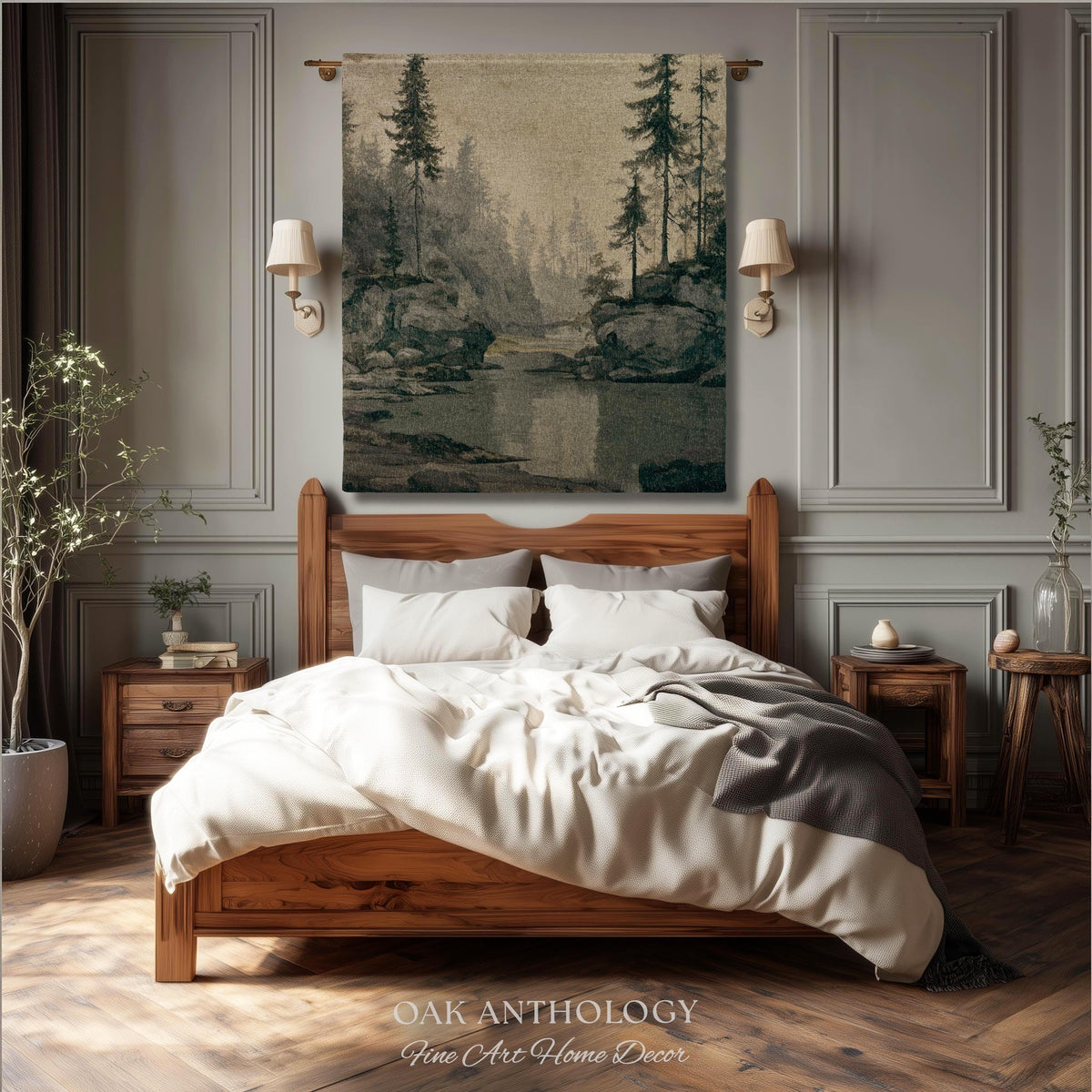 Misty Pine Forest Woven Tapestry Wall Hanging | Foggy River Landscape Antique Woodland Grove of Trees Rustic Throw Neutral Toned Art Decor