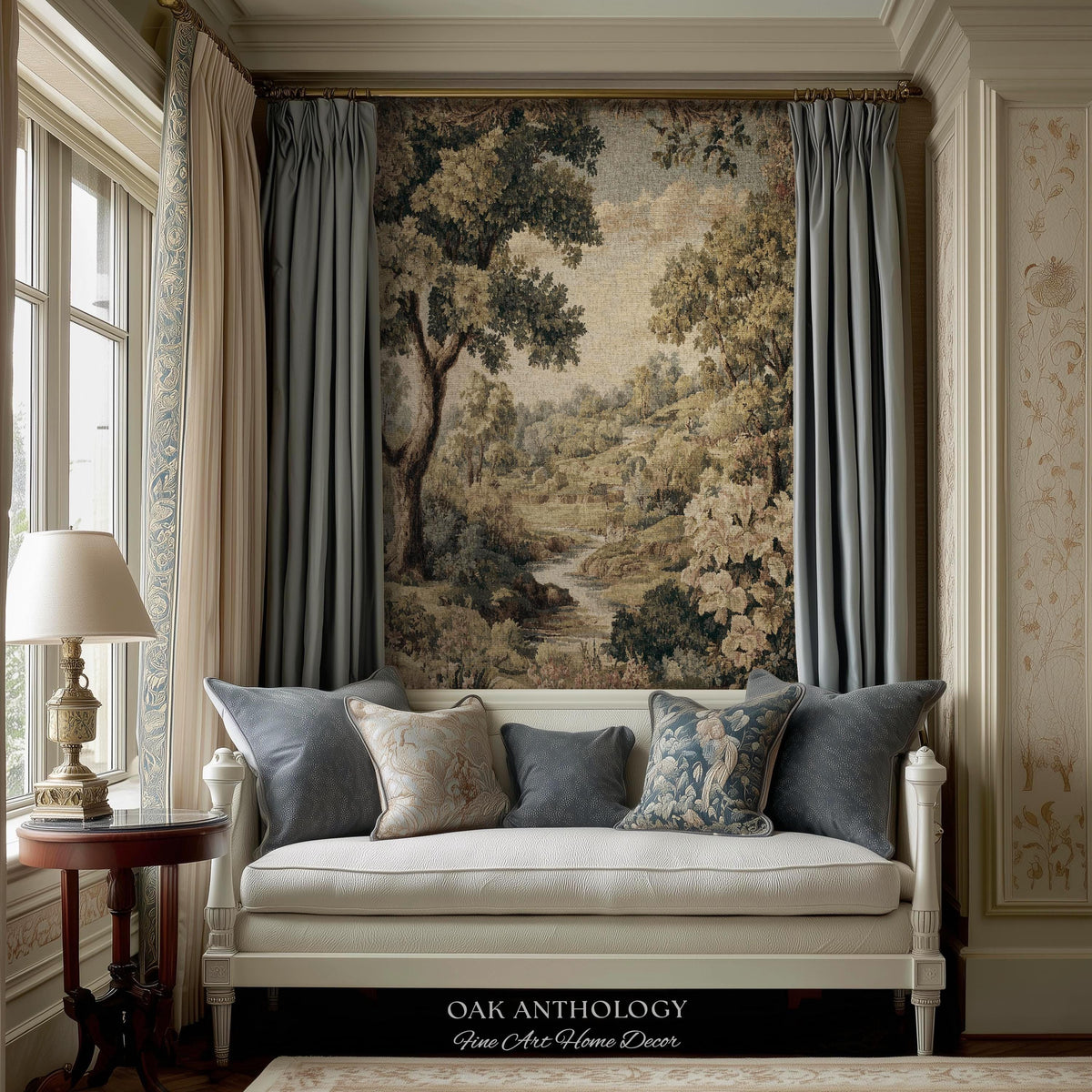 Sunlit Floral Meadow Stream Rolling Hills Countryside Woven Tapestry | Pastoral Landscape Throw Wall Hanging European Nature Botanical Art