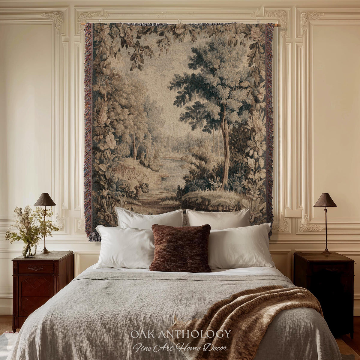 Old World Charm Elegant Landscape Rustic Nature Botanical Art Living Room Decor | Antique Verdure Forest Stream Woven Tapestry Wall Hanging