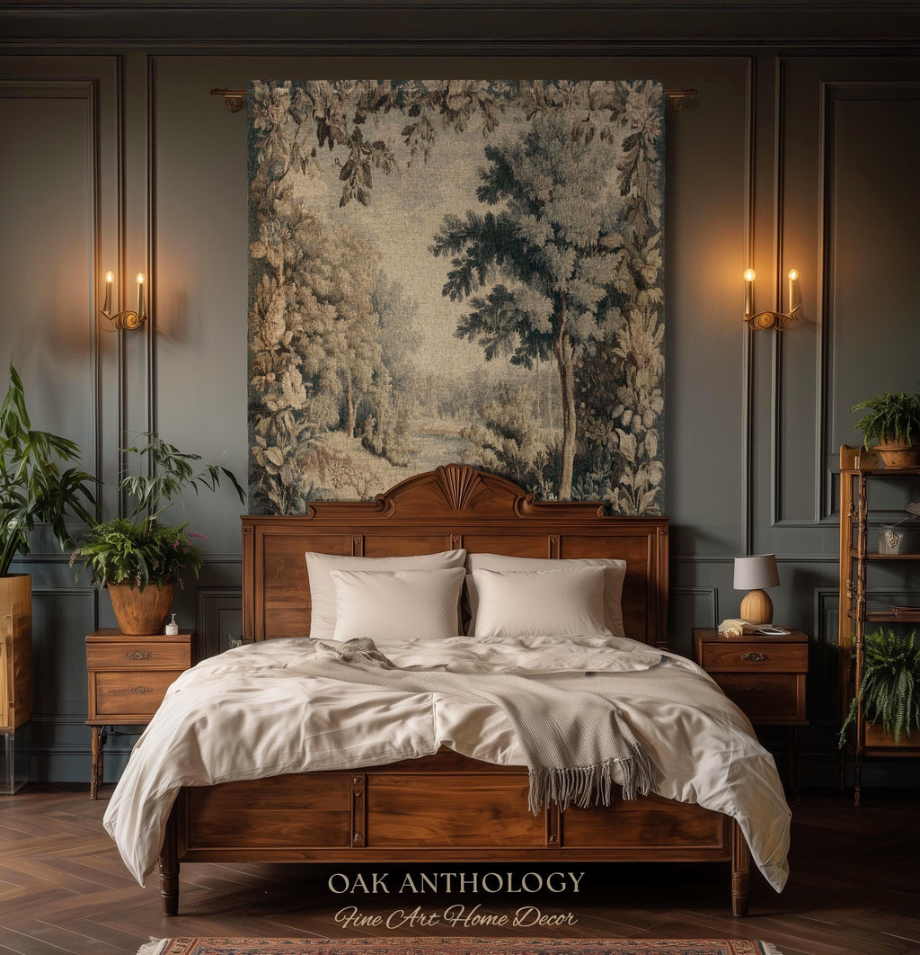 Old World Charm Elegant Landscape Rustic Nature Botanical Art Living Room Decor | Antique Verdure Forest Stream Woven Tapestry Wall Hanging