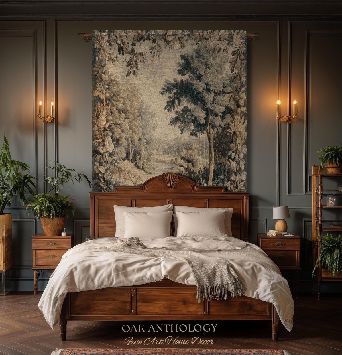 Old World Charm Elegant Landscape Rustic Nature Botanical Art Living Room Decor | Antique Verdure Forest Stream Woven Tapestry Wall Hanging