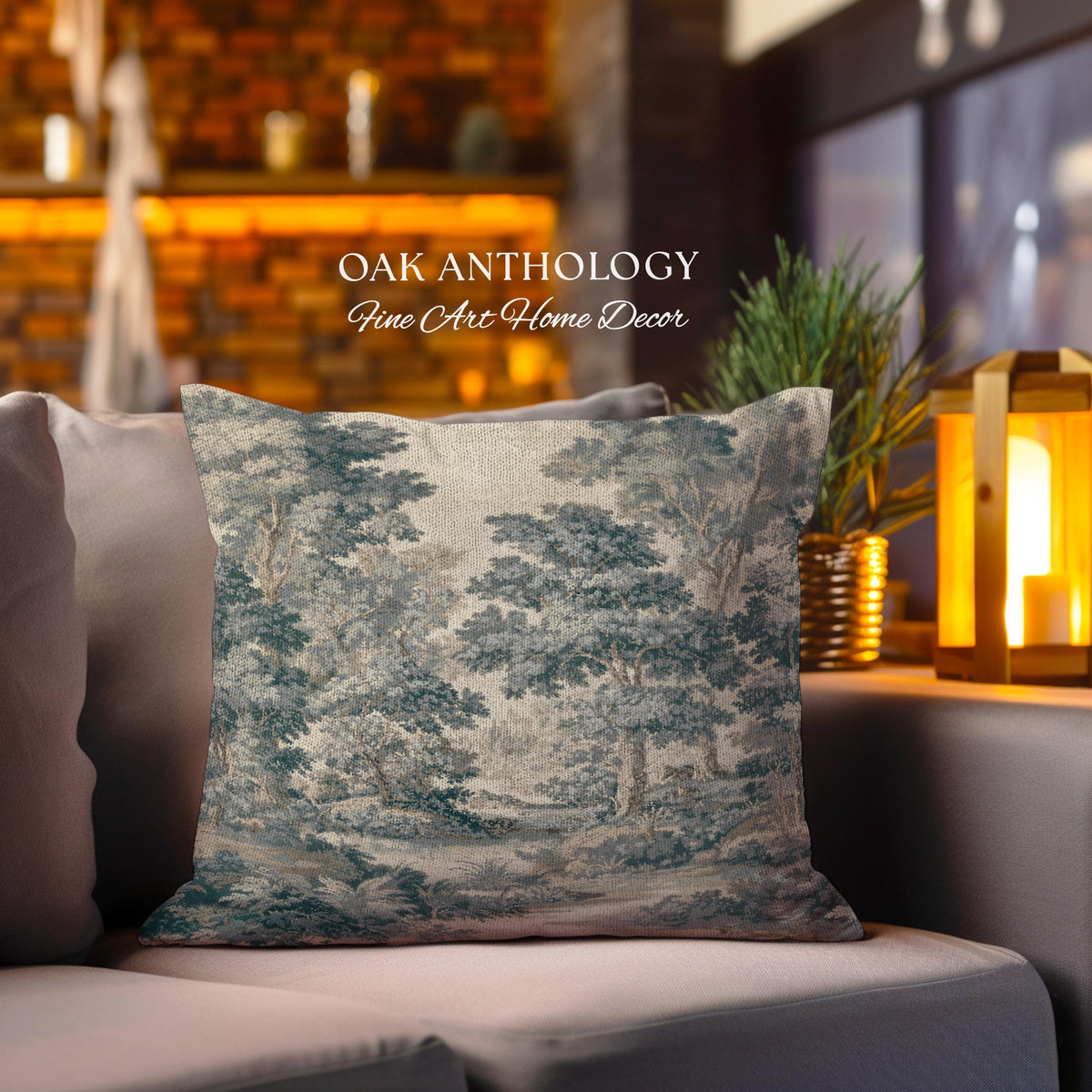 Muted Blue Woodland Landscape Tapestry Pillow Historic Forest Grove Scenic Woven Cushion | English Country Decor Verdure Style Serene Nature