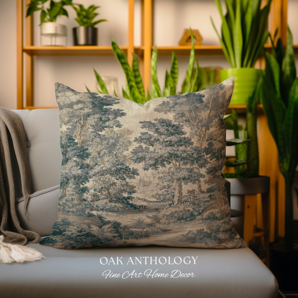 Muted Blue Woodland Landscape Tapestry Pillow Historic Forest Grove Scenic Woven Cushion | English Country Decor Verdure Style Serene Nature