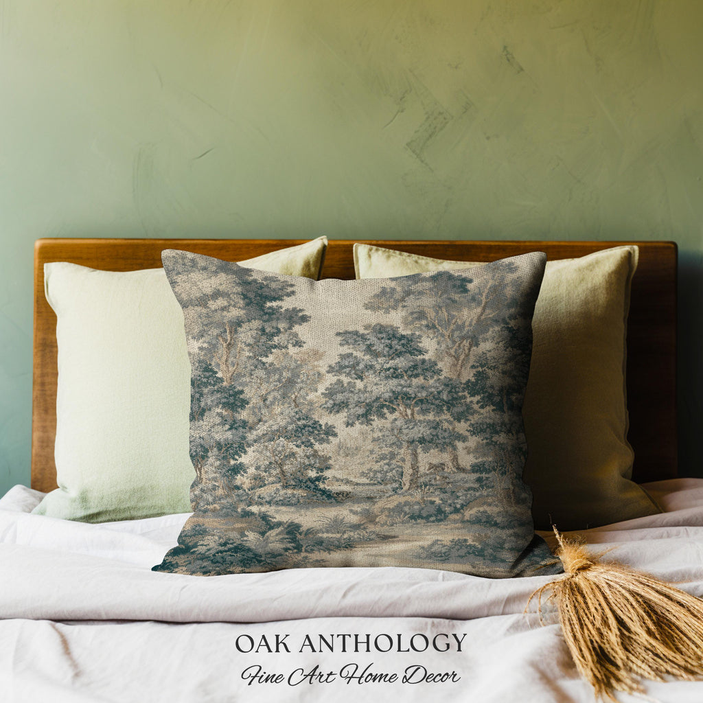 Muted Blue Woodland Landscape Tapestry Pillow Historic Forest Grove Scenic Woven Cushion | English Country Decor Verdure Style Serene Nature