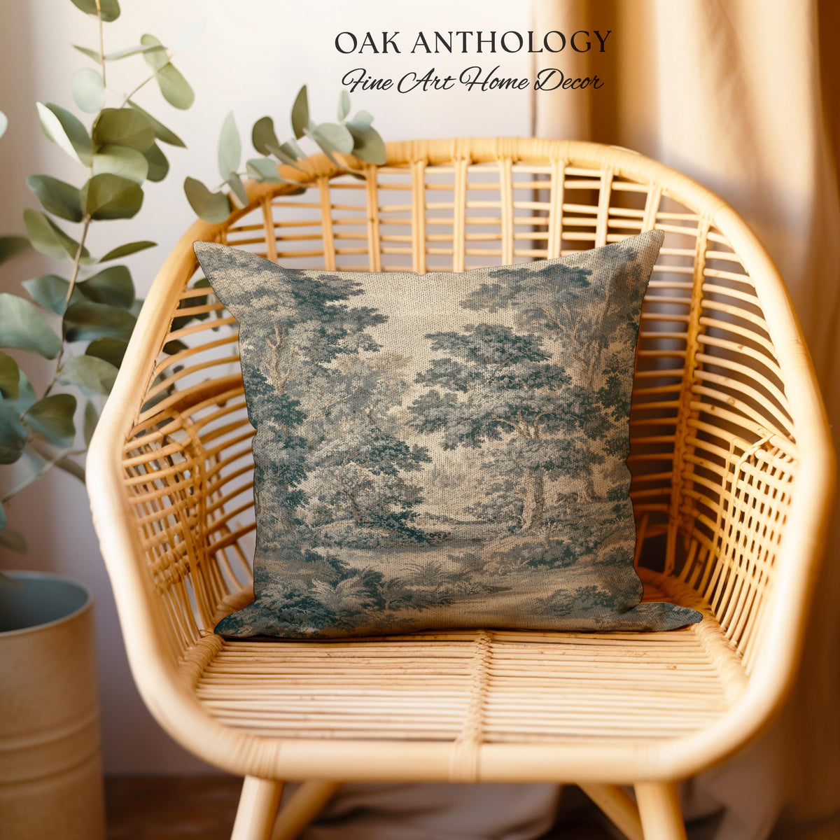 Muted Blue Woodland Landscape Tapestry Pillow Historic Forest Grove Scenic Woven Cushion | English Country Decor Verdure Style Serene Nature