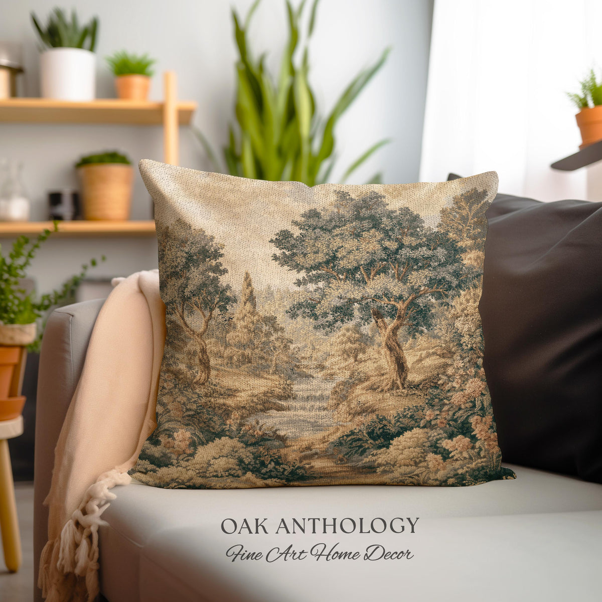 Tranquil River Woodland Landscape Woven Pillow | Romantic European Forest Stream Scene Traditional Tapestry Textile Cushion Jacquard Weaving