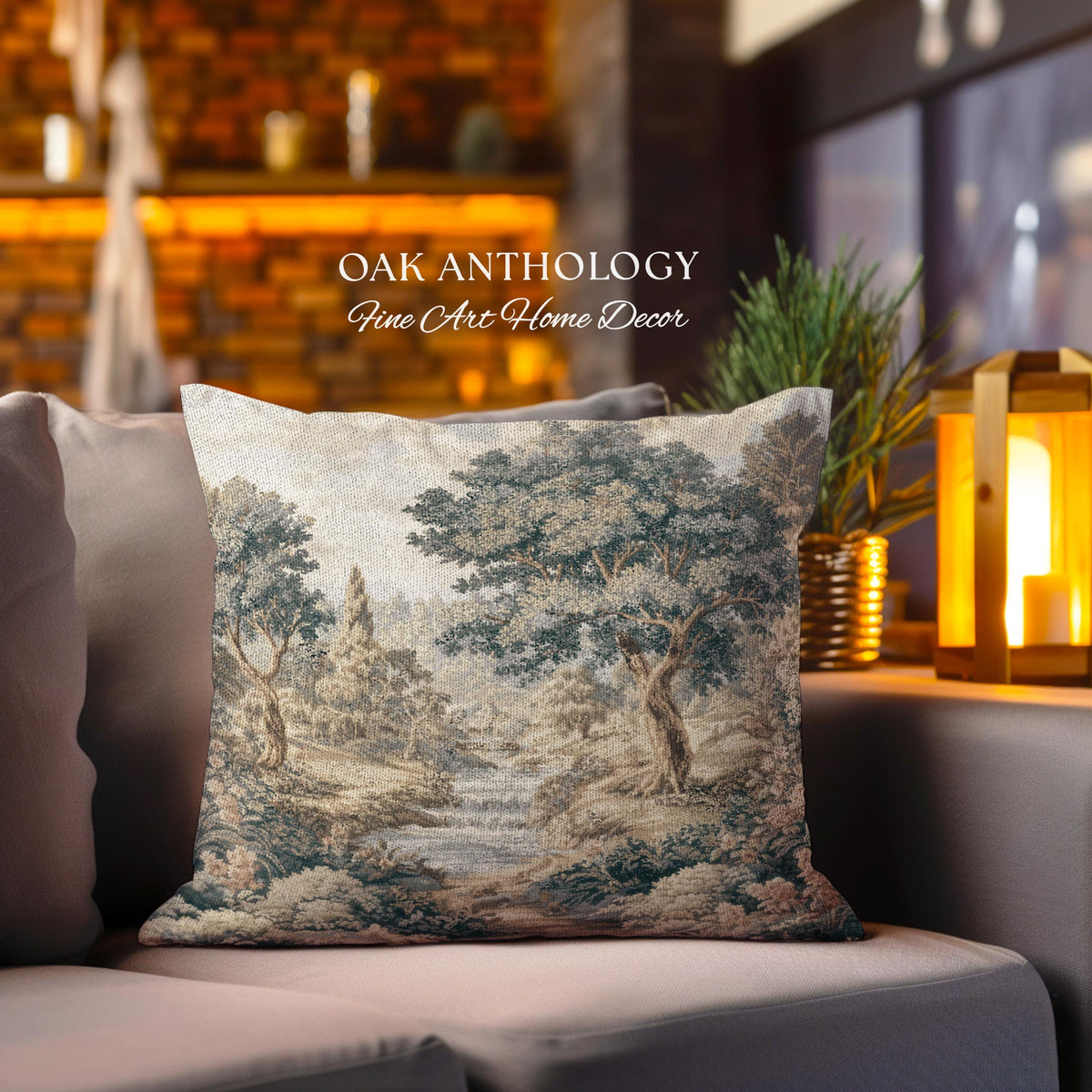 Tranquil River Woodland Landscape Woven Pillow | Romantic European Forest Stream Scene Traditional Tapestry Textile Cushion Jacquard Weaving