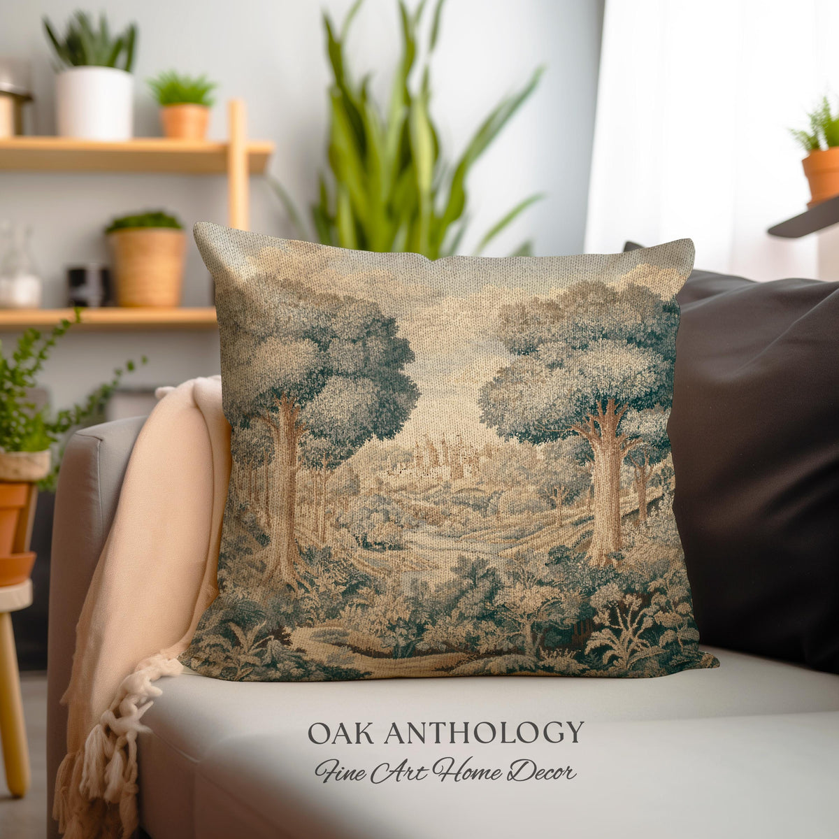 Storybook Castle Countryside Valley View Woven Pillow Tapestry Cushion | Classical European River Landscape Heirloom Style Textile Art Decor