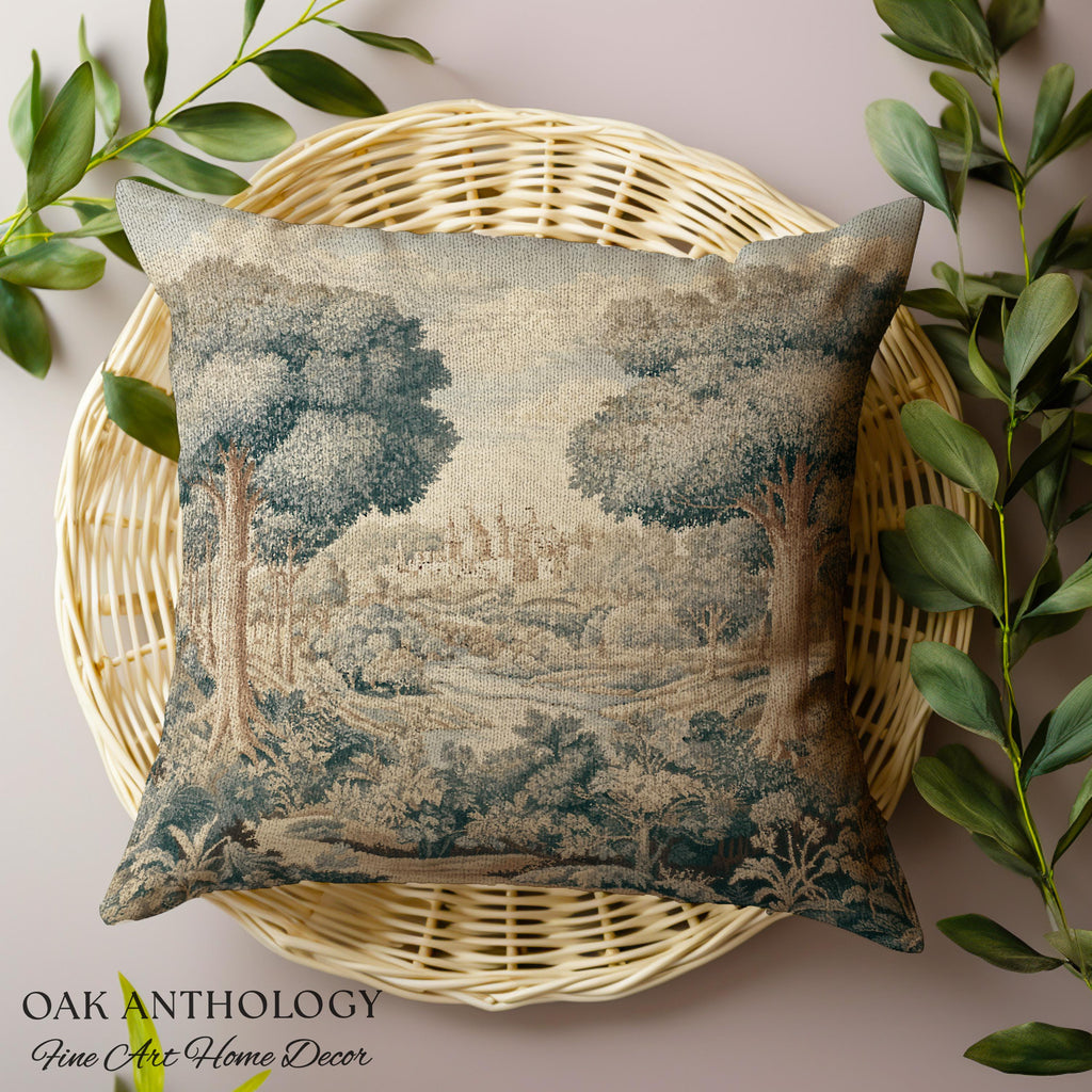 Storybook Castle Countryside Valley View Woven Pillow Tapestry Cushion | Classical European River Landscape Heirloom Style Textile Art Decor