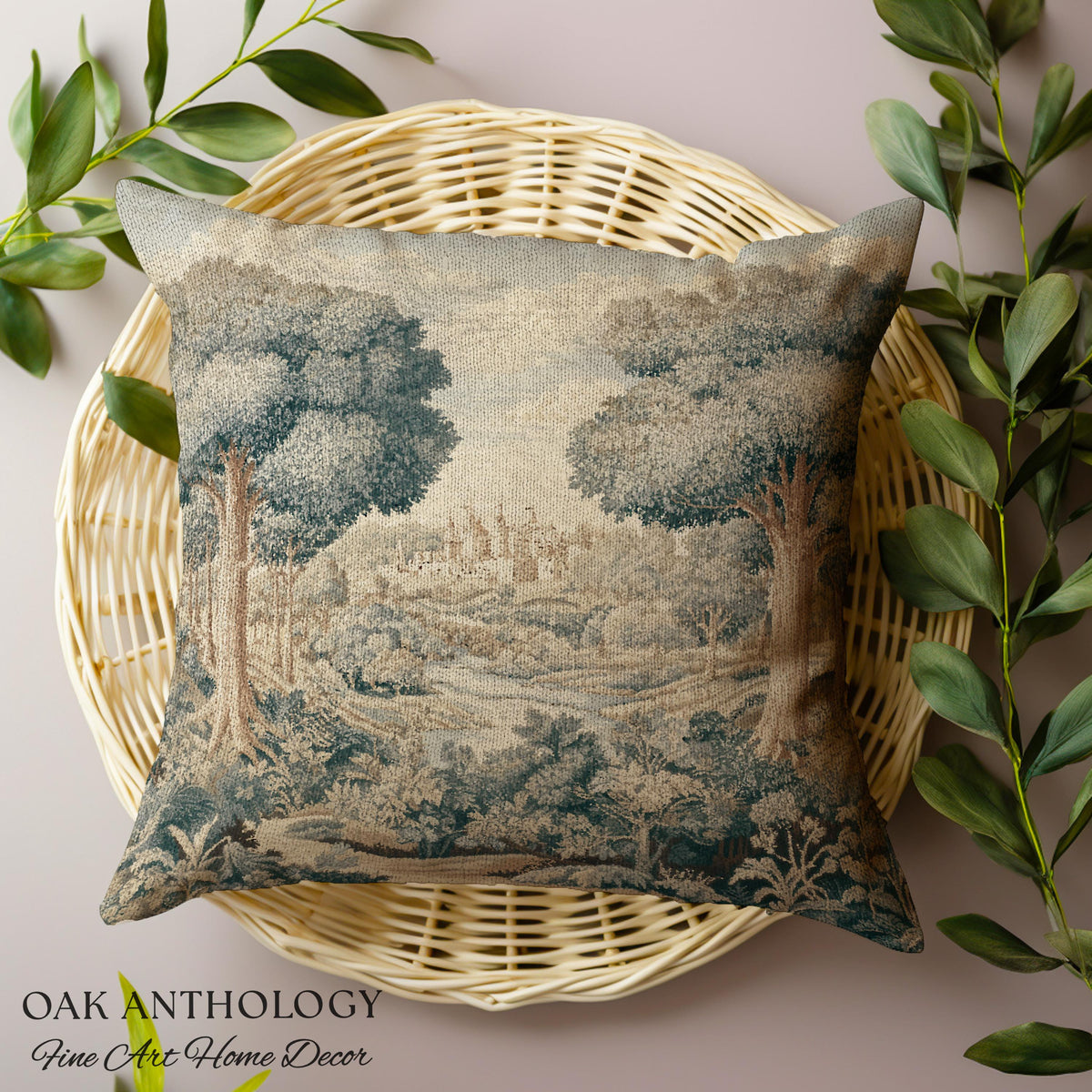 Storybook Castle Countryside Valley View Woven Pillow Tapestry Cushion | Classical European River Landscape Heirloom Style Textile Art Decor
