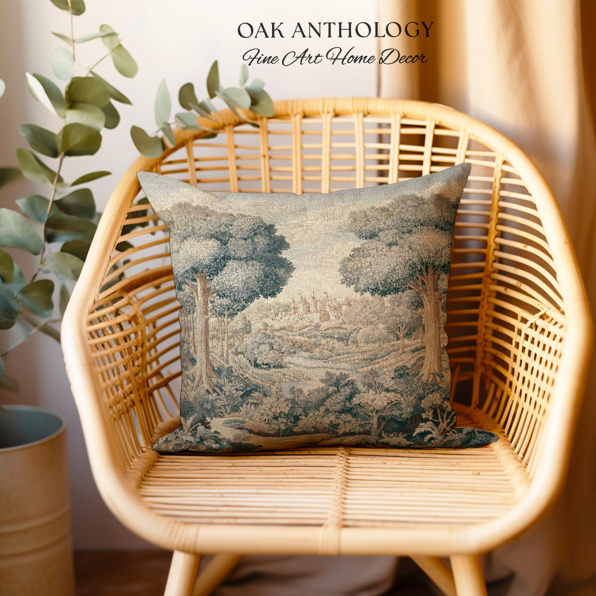 Storybook Castle Countryside Valley View Woven Pillow Tapestry Cushion | Classical European River Landscape Heirloom Style Textile Art Decor