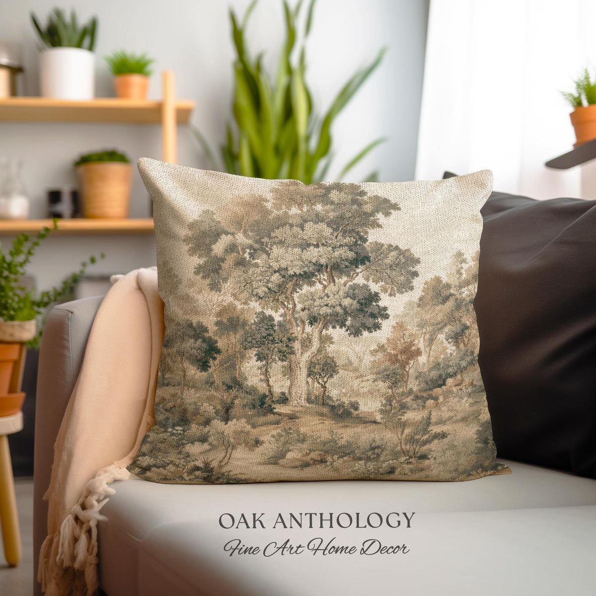 Majestic Tree Misty Forest Tapestry Woven Accent Pillow | Muted Tones Woodland Throw Cushion Rustic Elegance Nature Landscape Art Home Decor