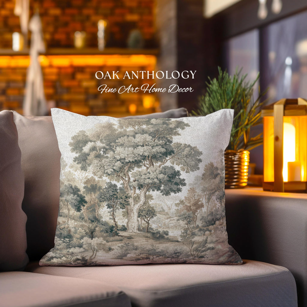 Majestic Tree Misty Forest Tapestry Woven Accent Pillow | Muted Tones Woodland Throw Cushion Rustic Elegance Nature Landscape Art Home Decor