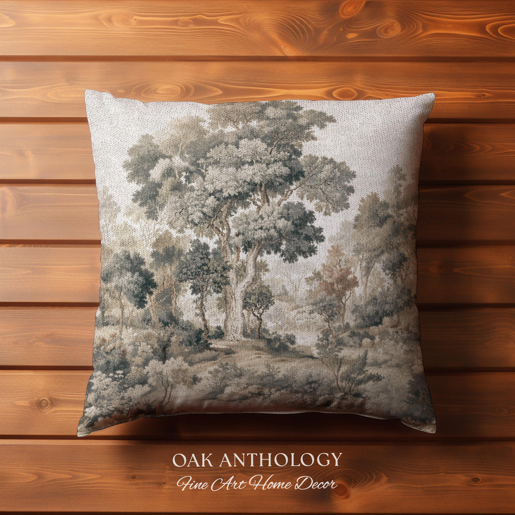 Majestic Tree Misty Forest Tapestry Woven Accent Pillow | Muted Tones Woodland Throw Cushion Rustic Elegance Nature Landscape Art Home Decor