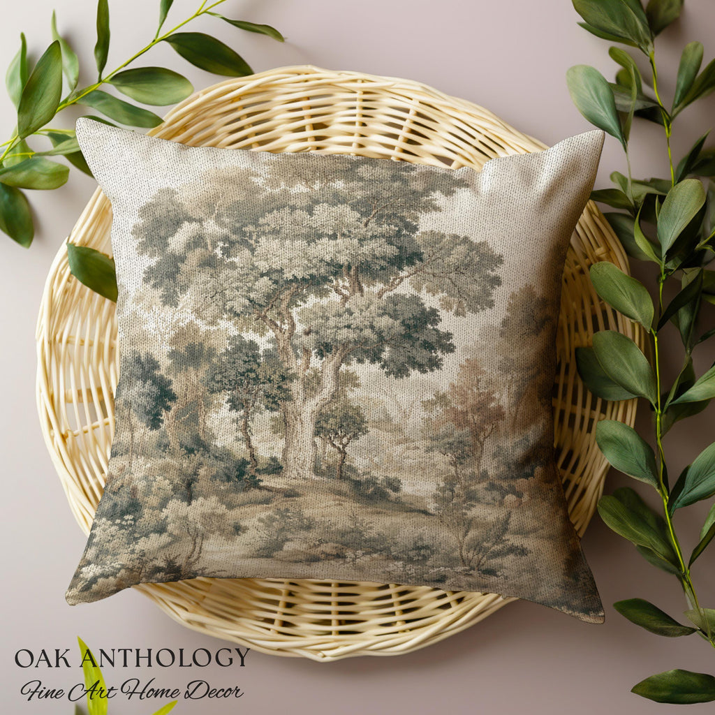 Majestic Tree Misty Forest Tapestry Woven Accent Pillow | Muted Tones Woodland Throw Cushion Rustic Elegance Nature Landscape Art Home Decor
