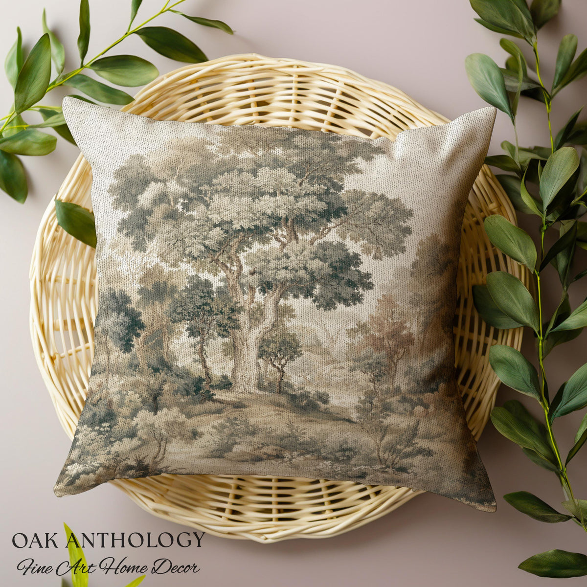 Majestic Tree Misty Forest Tapestry Woven Accent Pillow | Muted Tones Woodland Throw Cushion Rustic Elegance Nature Landscape Art Home Decor