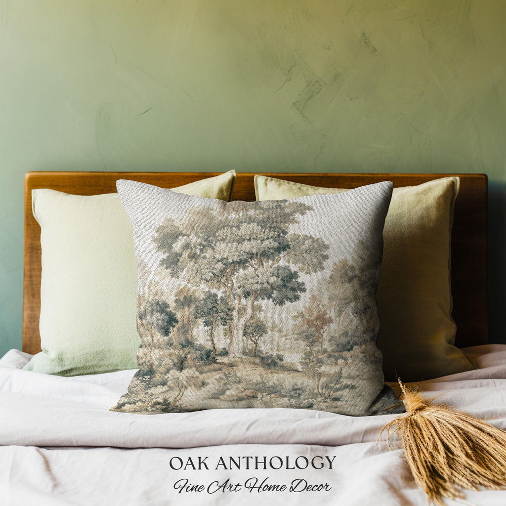 Majestic Tree Misty Forest Tapestry Woven Accent Pillow | Muted Tones Woodland Throw Cushion Rustic Elegance Nature Landscape Art Home Decor