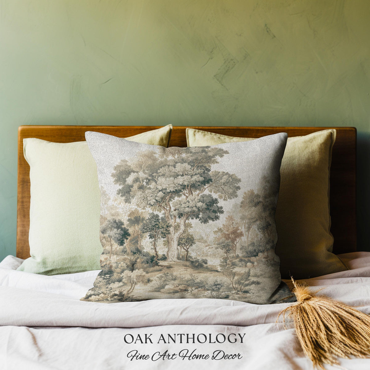 Majestic Tree Misty Forest Tapestry Woven Accent Pillow | Muted Tones Woodland Throw Cushion Rustic Elegance Nature Landscape Art Home Decor