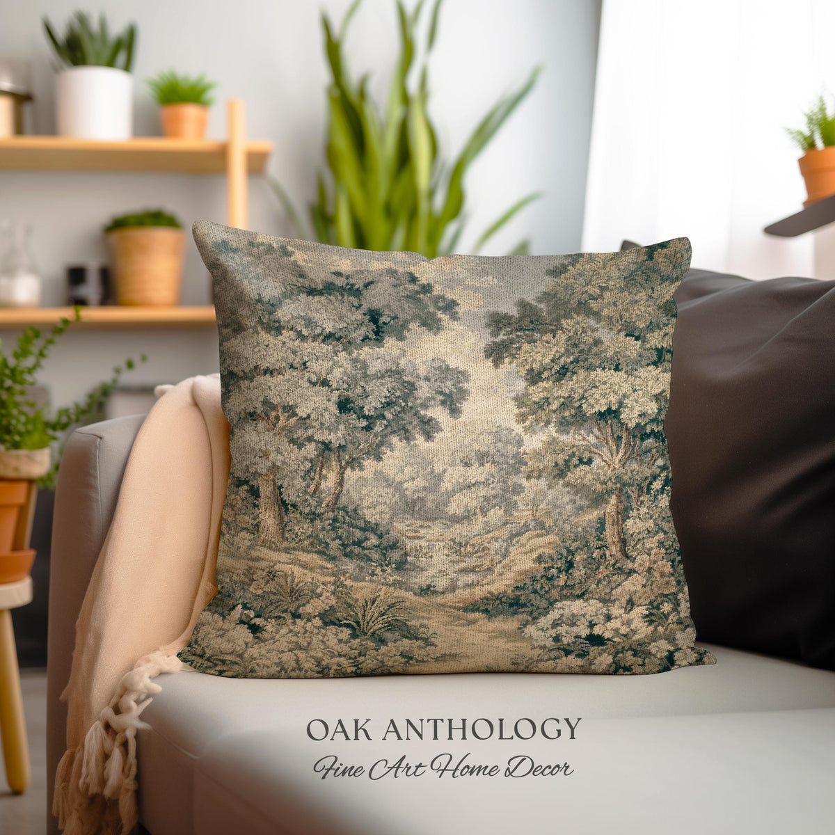 Misty Woodland Stream Scene Woven Cushion Waterfall Landscape Tapestry Pillow | Serene Forest Grove Classical Elegance Textile Accent Decor
