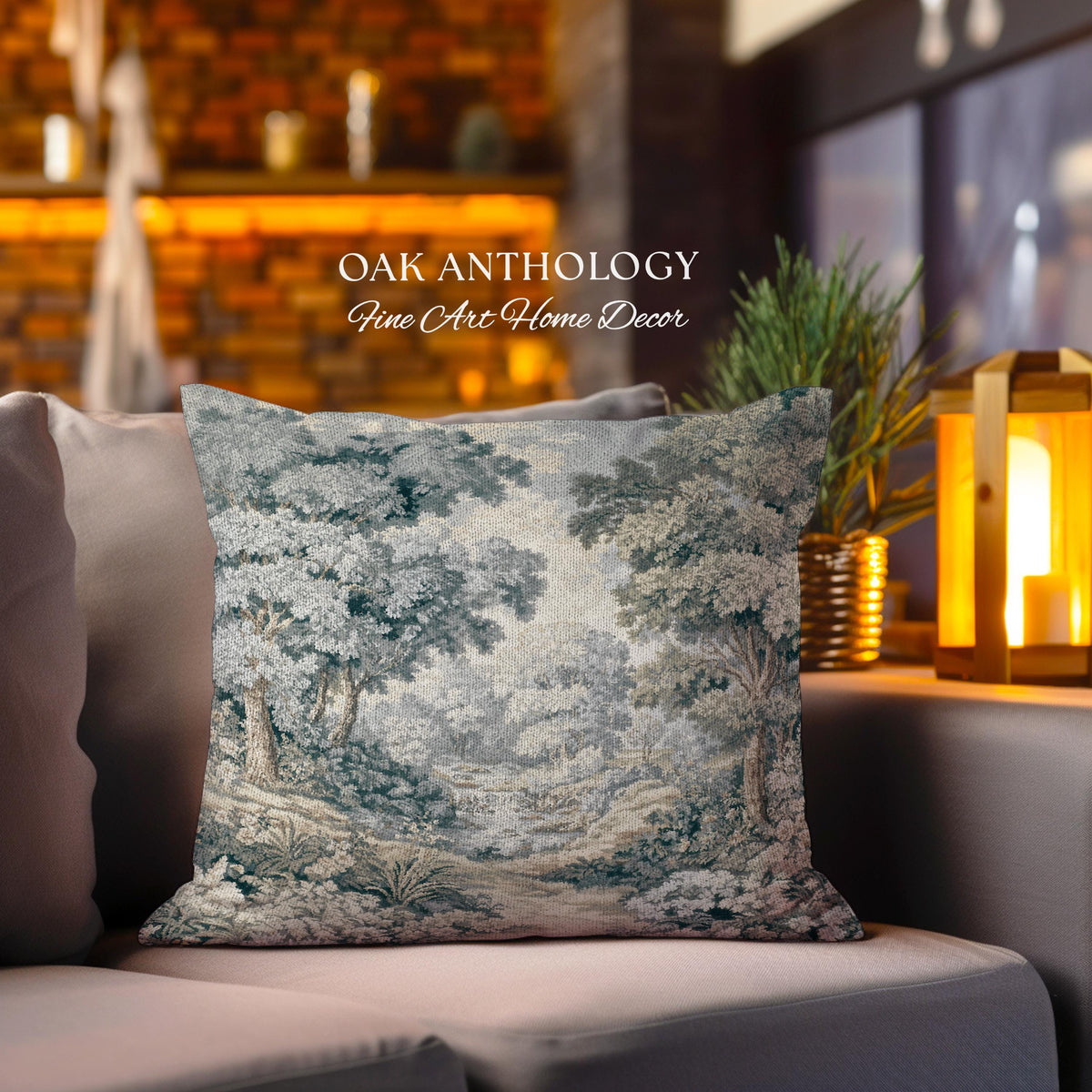 Misty Woodland Stream Scene Woven Cushion Waterfall Landscape Tapestry Pillow | Serene Forest Grove Classical Elegance Textile Accent Decor