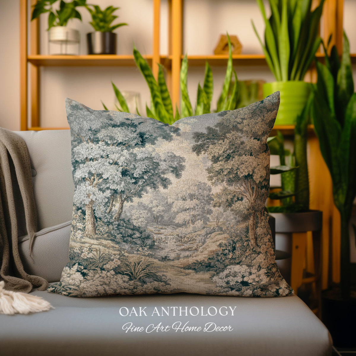 Misty Woodland Stream Scene Woven Cushion Waterfall Landscape Tapestry Pillow | Serene Forest Grove Classical Elegance Textile Accent Decor