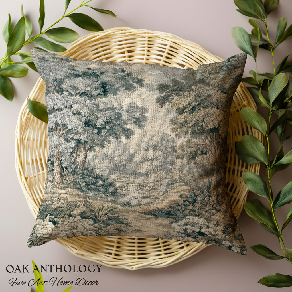Misty Woodland Stream Scene Woven Cushion Waterfall Landscape Tapestry Pillow | Serene Forest Grove Classical Elegance Textile Accent Decor