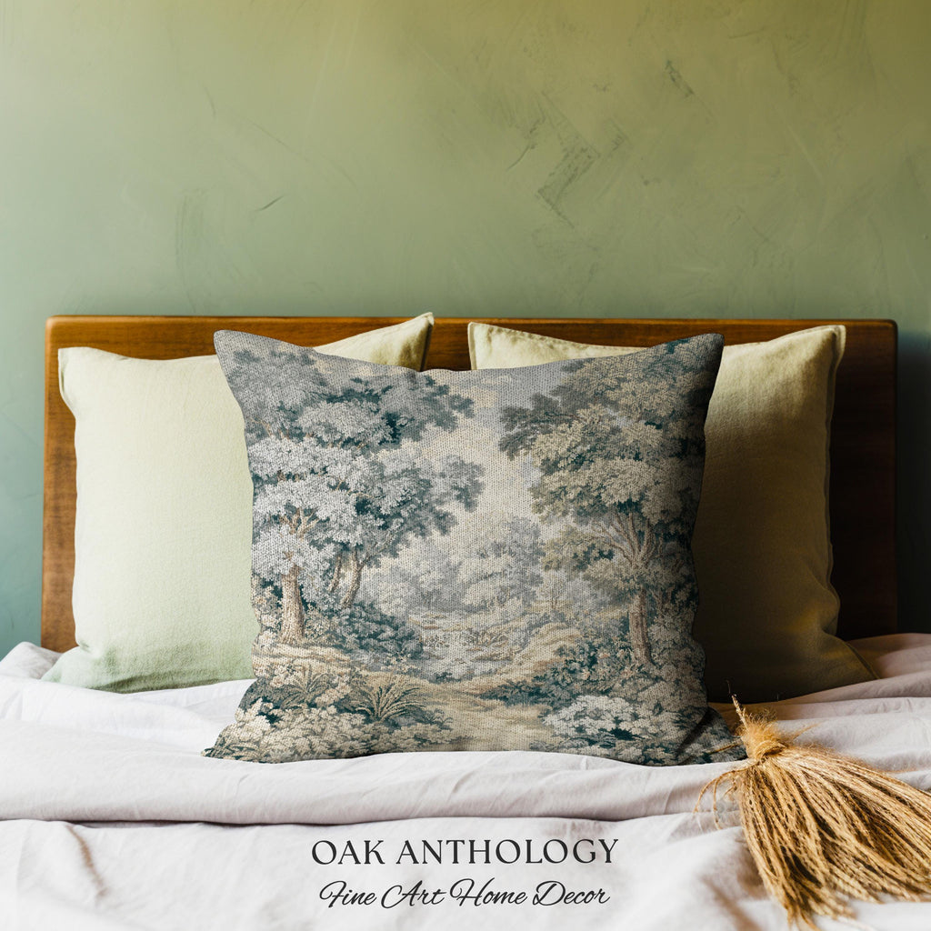 Misty Woodland Stream Scene Woven Cushion Waterfall Landscape Tapestry Pillow | Serene Forest Grove Classical Elegance Textile Accent Decor